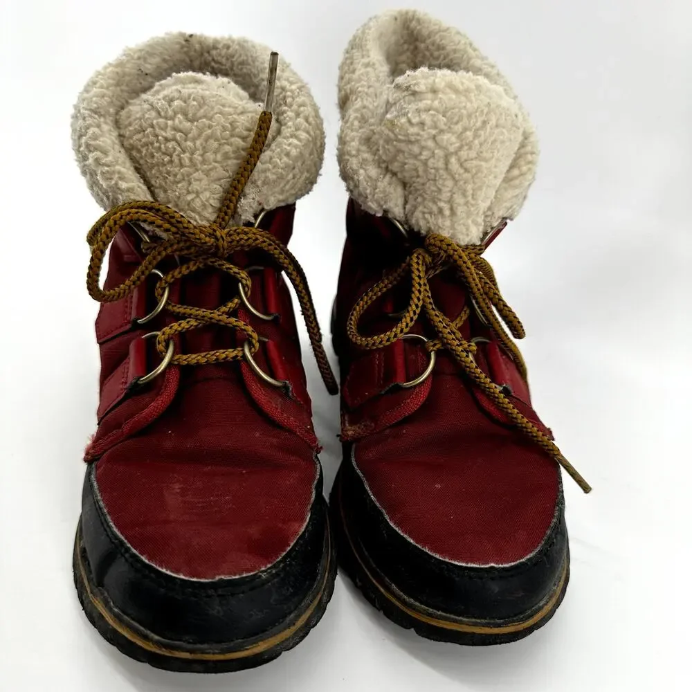 Sorel Explorer Carnival Boot Leather Waterproof Ankle Faux Sherpa Fur EVA Red 6